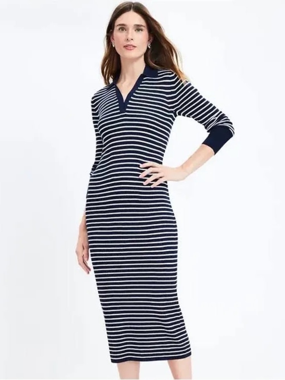 Navy and White Striped Knit Polo Midi Dress